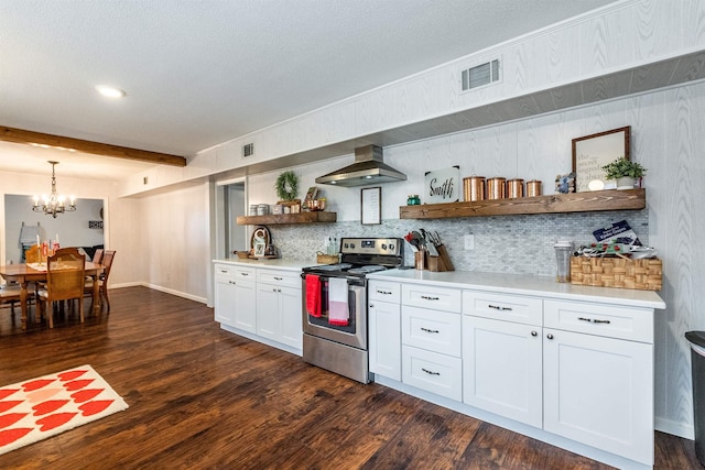 kitchen with stainless steel range with electric stovetop, white cabinetry, dark wood-type flooring, and wall chimney exhaust hood