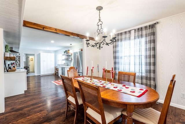 dining area with beamed ceiling, dark hardwood / wood-style floors, and a notable chandelier