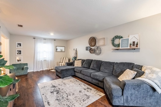 living room with dark hardwood / wood-style floors