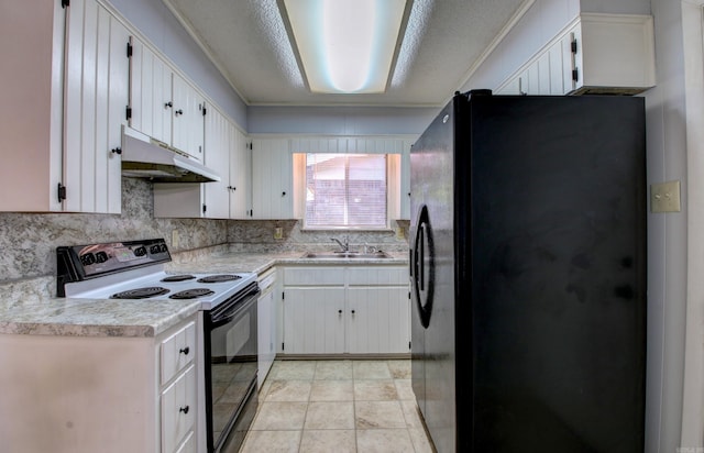 kitchen featuring sink, white cabinets, decorative backsplash, black appliances, and a textured ceiling