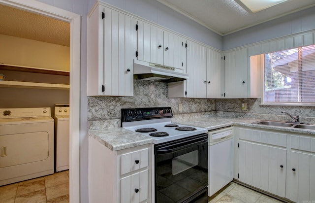 kitchen with white dishwasher, electric range, and white cabinets