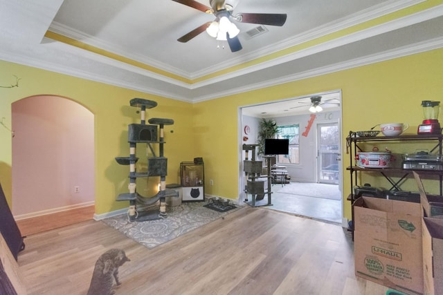 workout area with crown molding, a tray ceiling, light hardwood / wood-style floors, and ceiling fan