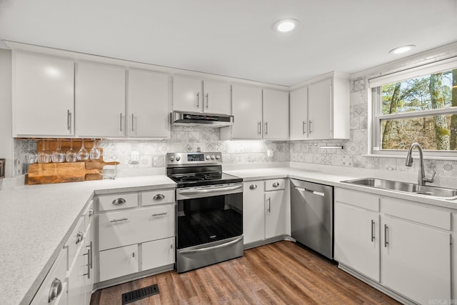 kitchen with sink, appliances with stainless steel finishes, backsplash, white cabinets, and dark hardwood / wood-style flooring