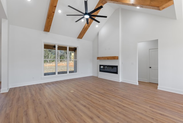 unfurnished living room featuring beamed ceiling, ceiling fan, high vaulted ceiling, and light hardwood / wood-style flooring