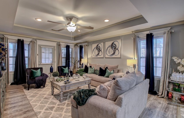 living room with a raised ceiling, crown molding, ceiling fan, and light wood-type flooring