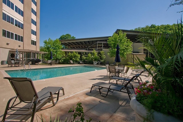 view of swimming pool with a pergola and a patio