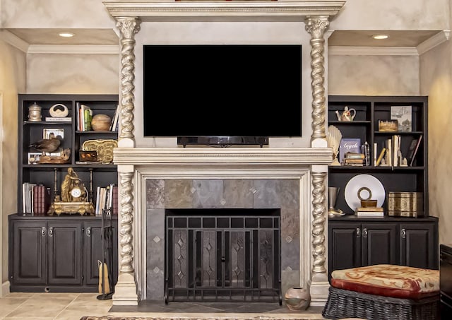 details featuring crown molding and a fireplace