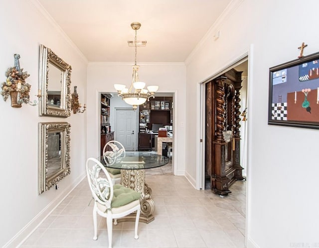 hall featuring an inviting chandelier, ornamental molding, and light tile patterned floors