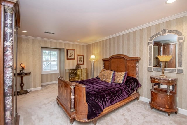 bedroom featuring ornamental molding and carpet flooring