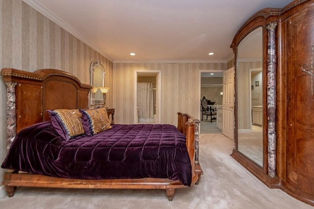 bedroom featuring crown molding and light carpet