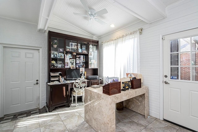 office with vaulted ceiling with beams and ceiling fan