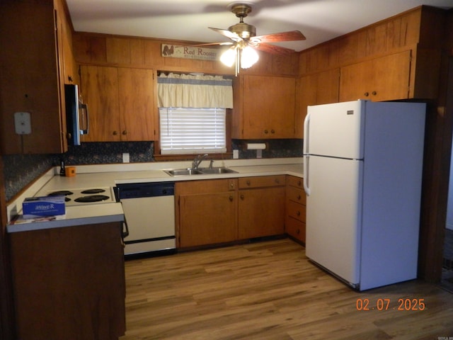 kitchen with sink, decorative backsplash, ceiling fan, white appliances, and light hardwood / wood-style flooring