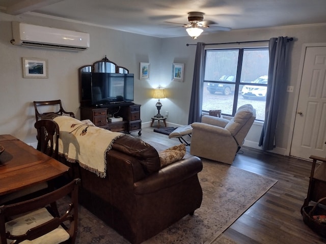 living room with crown molding, an AC wall unit, ceiling fan, and dark hardwood / wood-style flooring