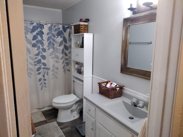 bathroom with hardwood / wood-style floors, vanity, ornamental molding, curtained shower, and toilet