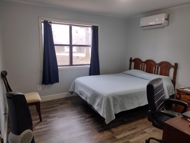 bedroom with ornamental molding, a wall mounted air conditioner, and dark hardwood / wood-style flooring