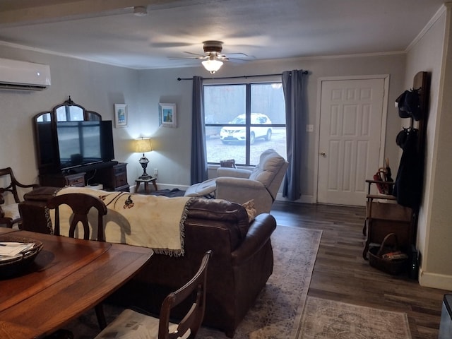 dining area featuring ceiling fan, crown molding, dark wood-type flooring, and a wall mounted AC