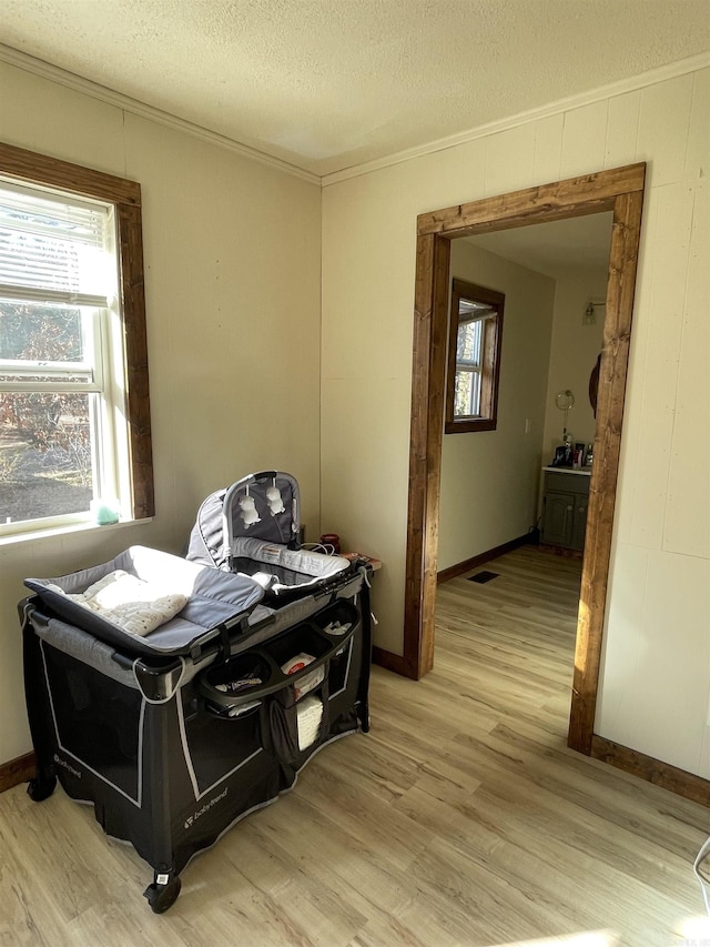 miscellaneous room featuring crown molding, a textured ceiling, and light hardwood / wood-style flooring