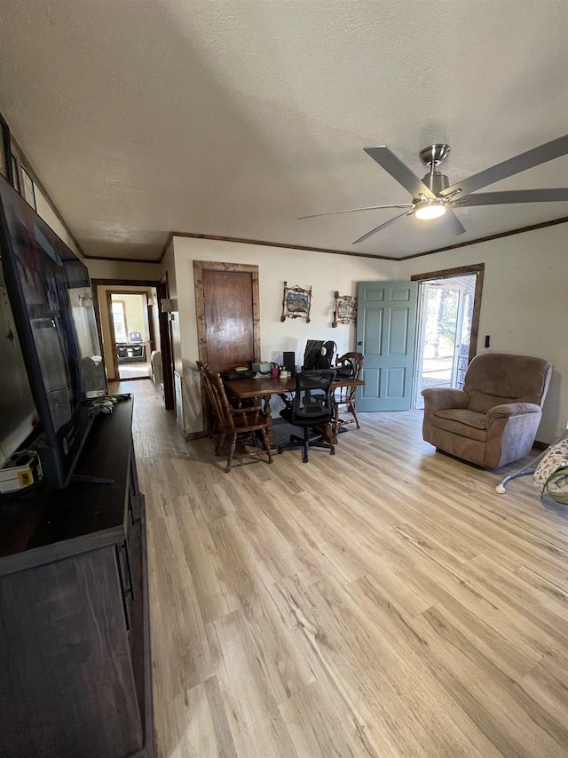 living room with ceiling fan, a textured ceiling, and light wood-type flooring