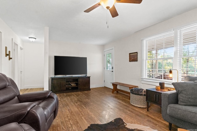 living room with wood-type flooring and ceiling fan