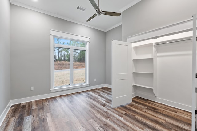 interior space featuring dark hardwood / wood-style flooring and ceiling fan