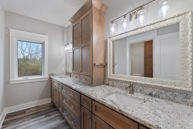 bathroom with vanity, hardwood / wood-style flooring, and toilet