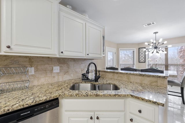 kitchen featuring white cabinetry, stainless steel dishwasher, kitchen peninsula, and sink