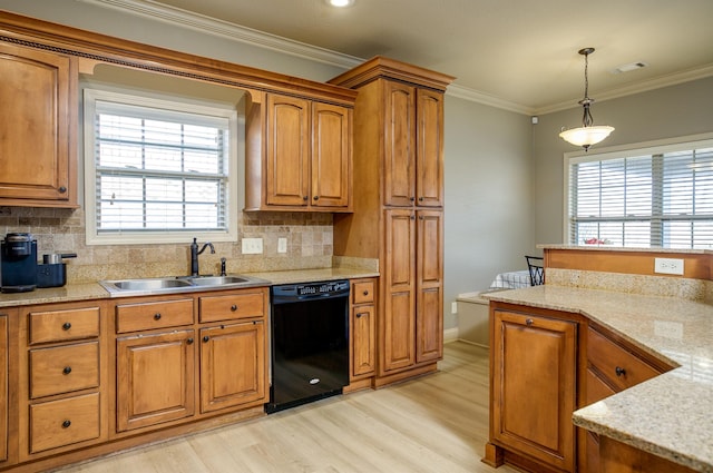 kitchen featuring pendant lighting, dishwasher, sink, backsplash, and crown molding