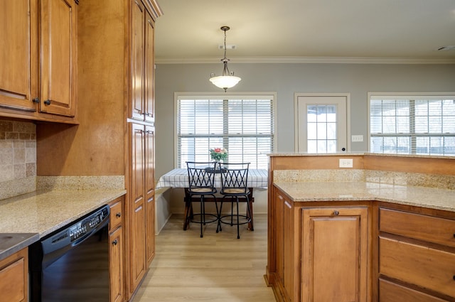 kitchen featuring decorative light fixtures, ornamental molding, dishwasher, light stone countertops, and decorative backsplash