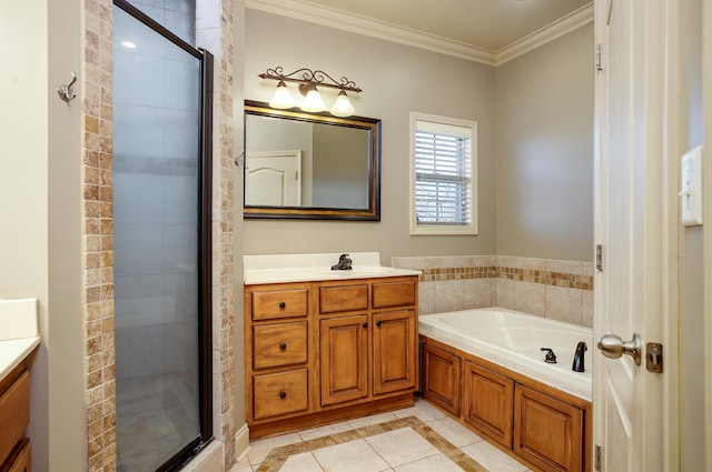 bathroom with vanity, tile patterned floors, ornamental molding, and independent shower and bath