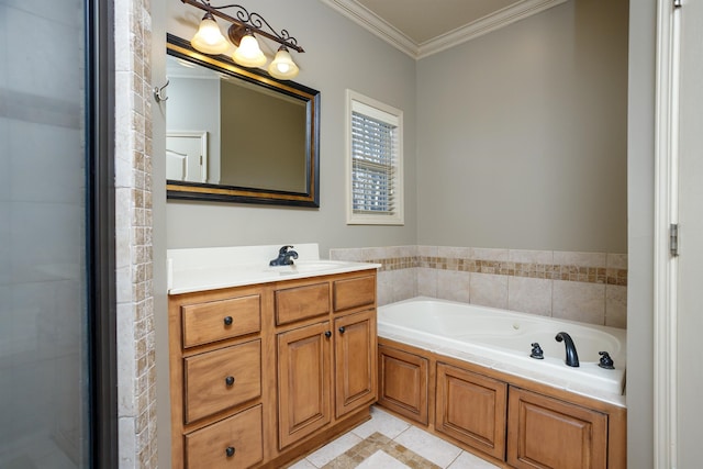 bathroom with ornamental molding, plus walk in shower, tile patterned flooring, and vanity