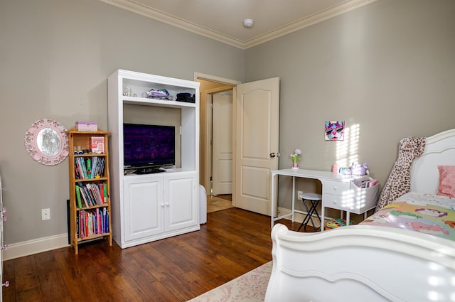 bedroom featuring crown molding and dark hardwood / wood-style floors