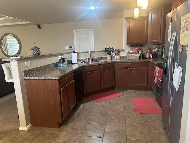 kitchen with sink, black dishwasher, stainless steel fridge with ice dispenser, tile patterned floors, and kitchen peninsula