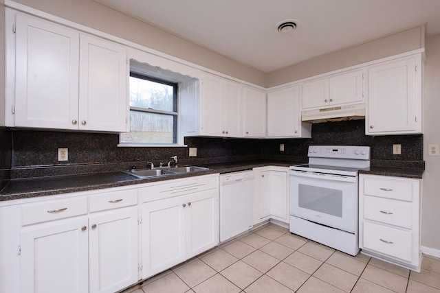 kitchen with tasteful backsplash, sink, white appliances, and white cabinets