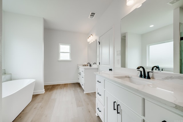 bathroom with a bathing tub, hardwood / wood-style floors, and vanity