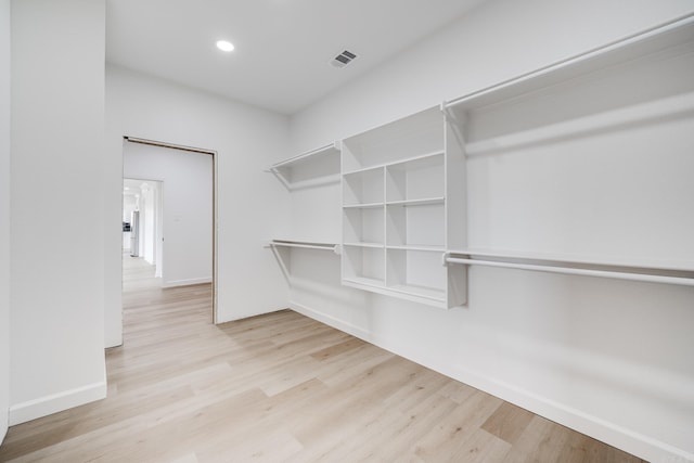 spacious closet with light hardwood / wood-style flooring