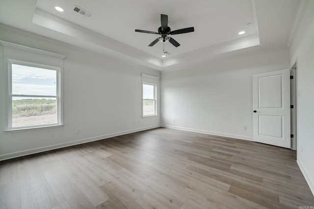 spare room with a raised ceiling, crown molding, and light hardwood / wood-style floors