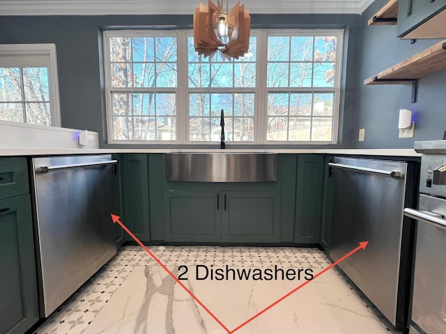 kitchen with sink, stainless steel dishwasher, and green cabinetry