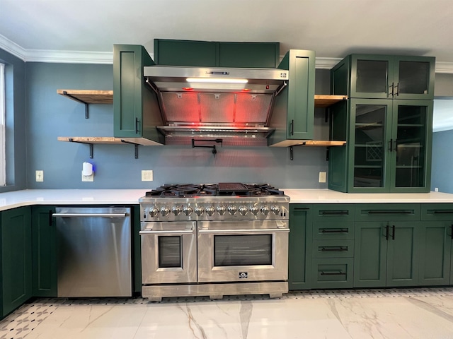 kitchen with crown molding, stainless steel appliances, and green cabinetry