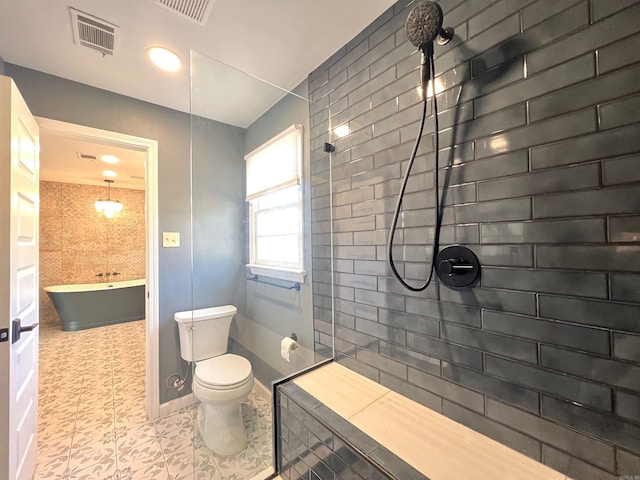 bathroom with toilet and a tub to relax in