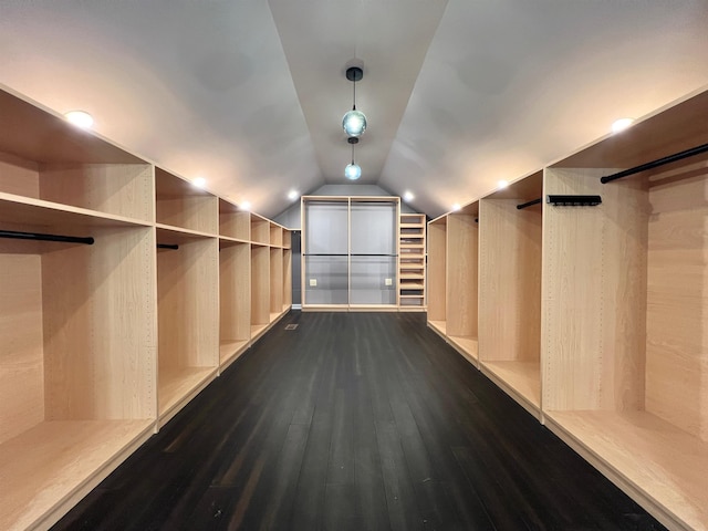 walk in closet featuring lofted ceiling and dark hardwood / wood-style floors