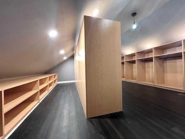 walk in closet featuring lofted ceiling and dark hardwood / wood-style floors