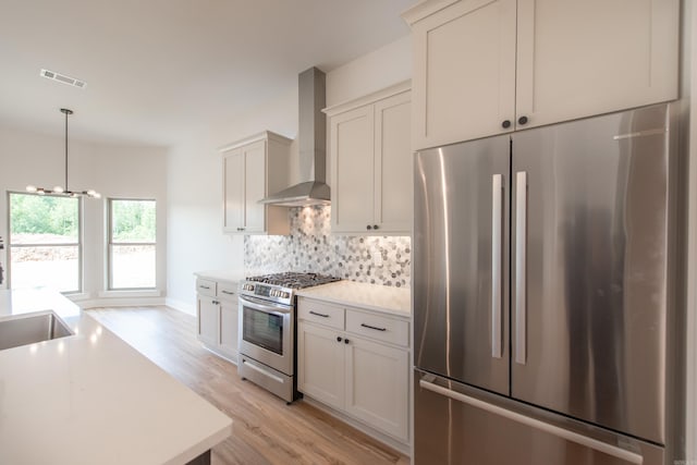 kitchen featuring stainless steel appliances, tasteful backsplash, decorative light fixtures, wall chimney exhaust hood, and light wood-type flooring