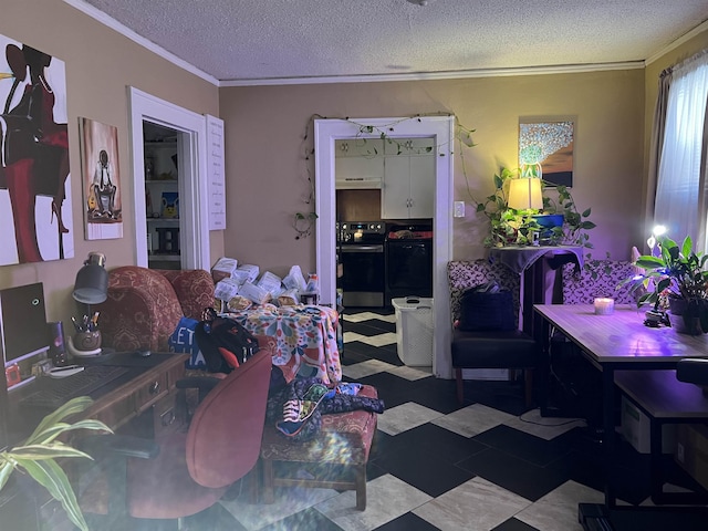 living room with ornamental molding and a textured ceiling