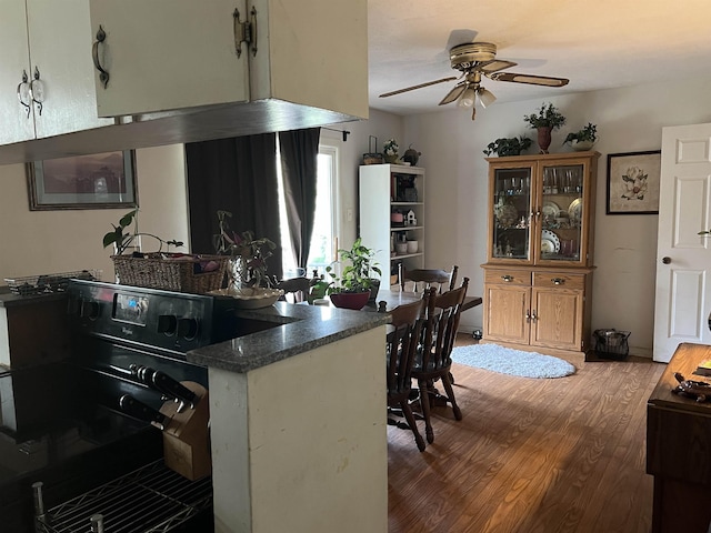 kitchen with dark wood-type flooring, ceiling fan, and black electric range oven