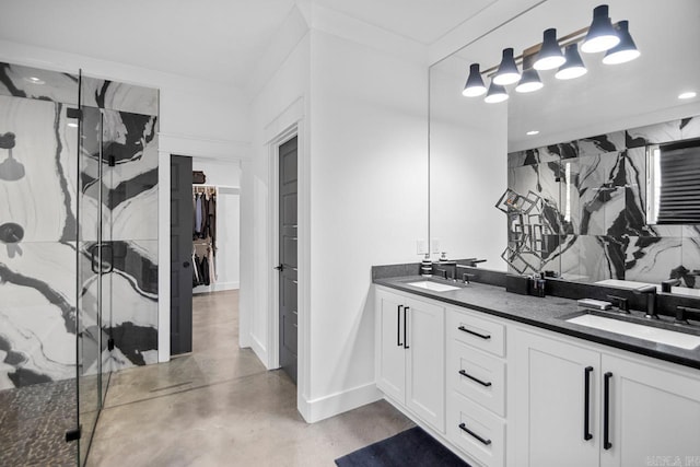 bathroom featuring vanity, backsplash, a shower with door, and concrete floors