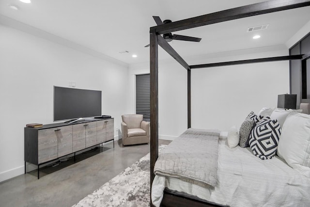 bedroom featuring ceiling fan and ornamental molding