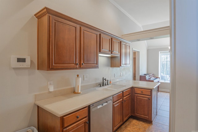 kitchen with sink, light tile patterned floors, stainless steel dishwasher, ornamental molding, and kitchen peninsula