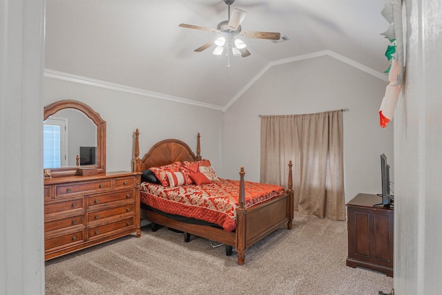 bedroom featuring vaulted ceiling, ornamental molding, light carpet, and ceiling fan