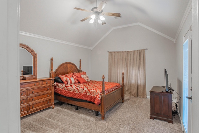 carpeted bedroom with ceiling fan, ornamental molding, and lofted ceiling