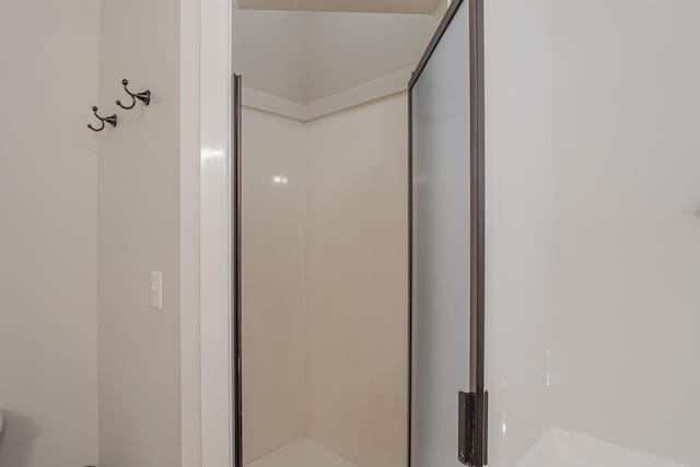 bathroom with a shower with shower door